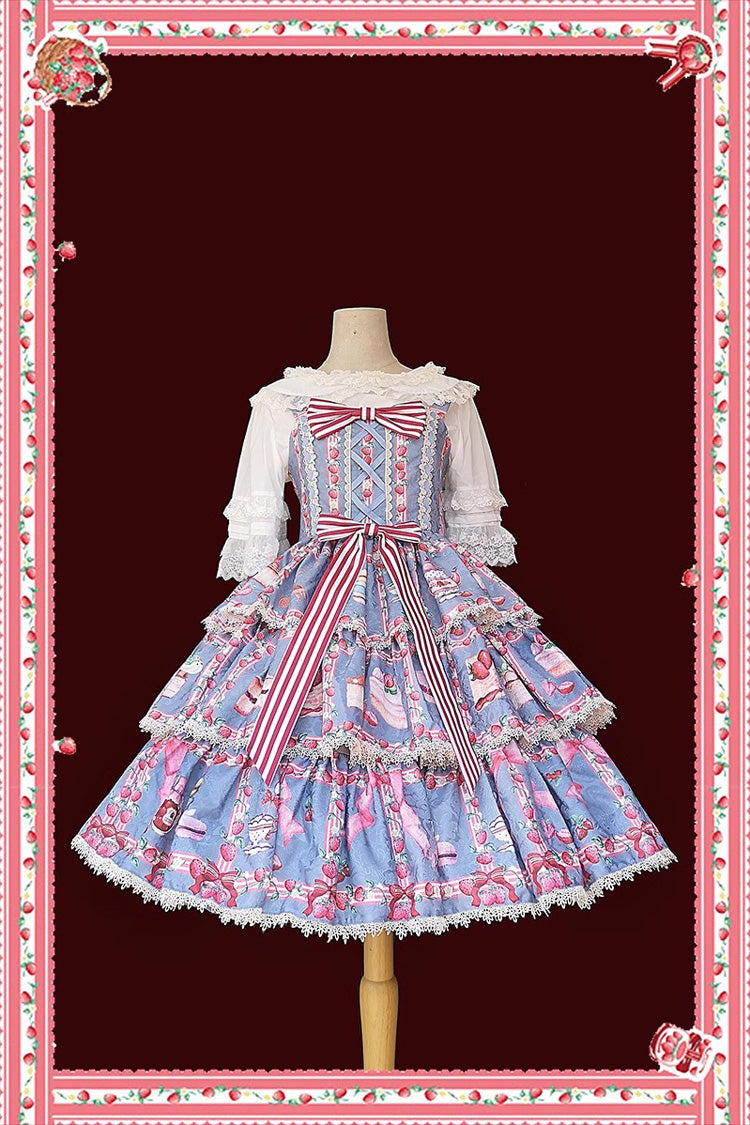 Strawberry Afternoon Tea Cake Ice Cream Print Bowknot Sleeveless Sweet Lolita Tiered Dress 3 Colors - Light Blue - 3