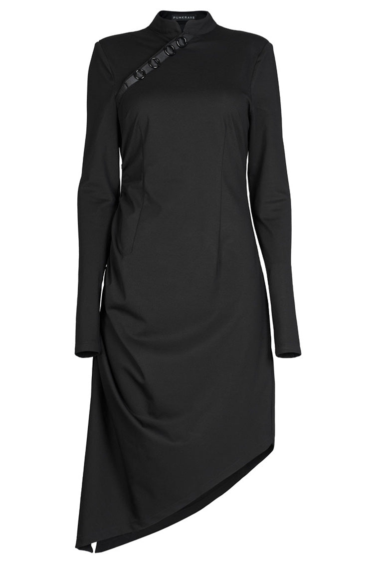 Black Improved Cheongsam Pointed Hem Drawstring Design Cheongsam Collar Long Sleeve Long Women's Punk Dress - Product - 5