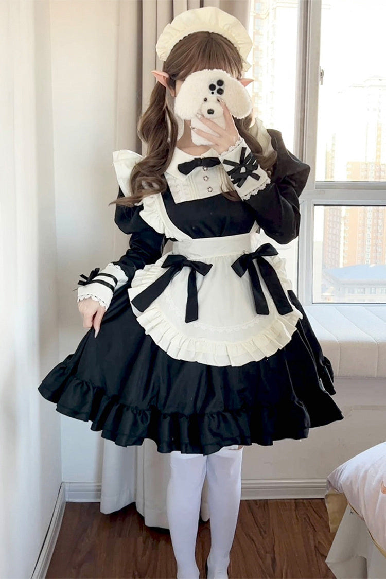 Black/White Maid Long Sleeves Ruffle Bowknot Sweet Plus Size Lolita Dress Full Set - Black/White - 1