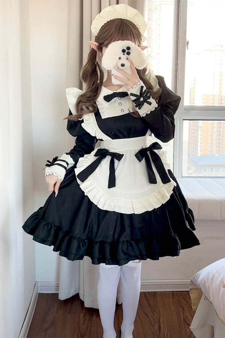 Black/White Maid Long Sleeves Ruffle Bowknot Sweet Plus Size Lolita Dress Full Set - Black/White - 1