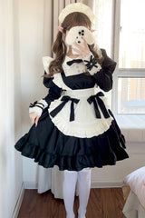 Black/White Maid Long Sleeves Ruffle Bowknot Sweet Plus Size Lolita Dress Full Set - Black/White - 1