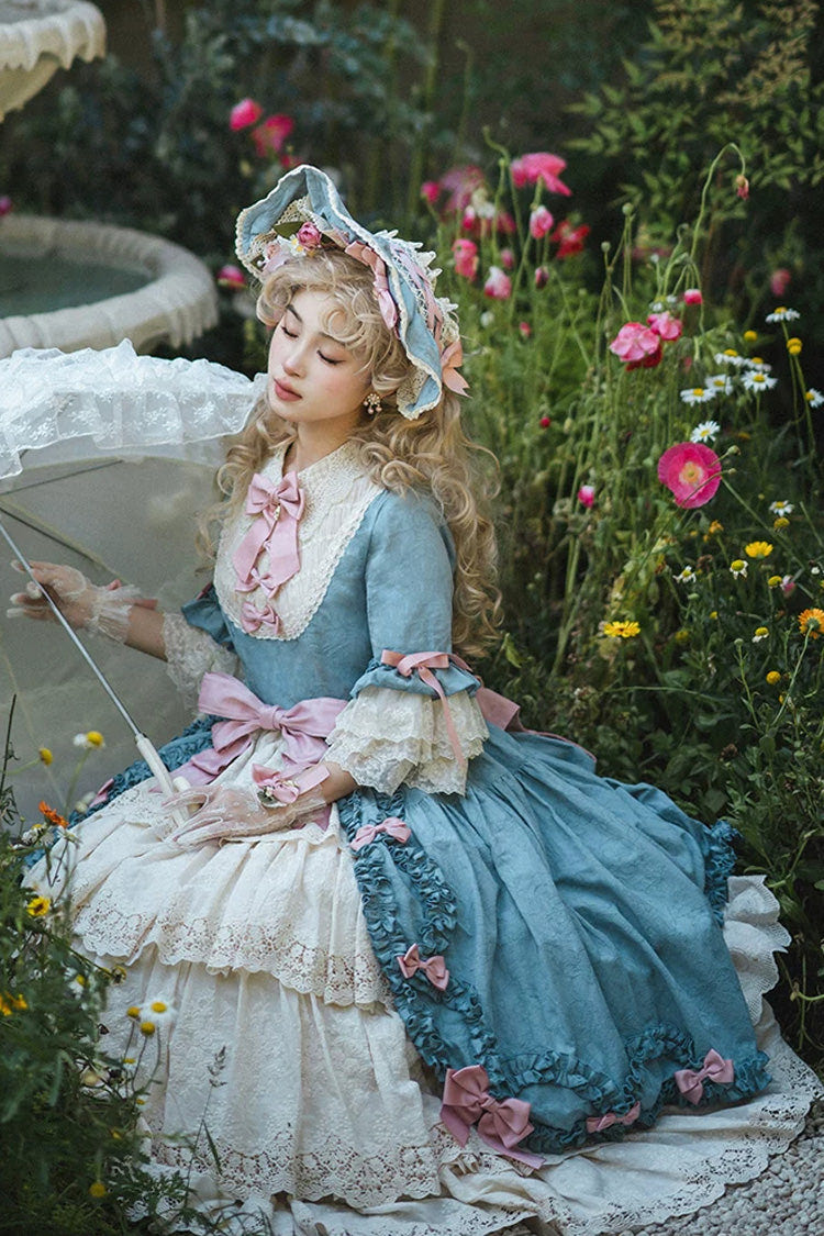 Blue [Lilica Garden] Lapel Collar Short Trumpet Sleeves Ruffled Open-Front Bow Lace Sweet Elegant Luxurious Lolita Dress - Product - 5