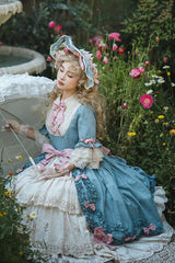 Blue [Lilica Garden] Lapel Collar Short Trumpet Sleeves Ruffled Open-Front Bow Lace Sweet Elegant Luxurious Lolita Dress - Product - 5