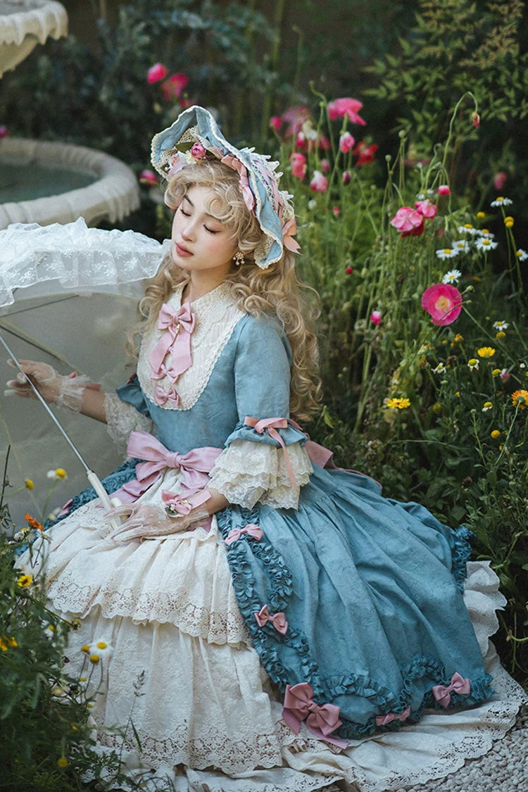 Blue [Lilica Garden] Lapel Collar Short Trumpet Sleeves Ruffled Open-Front Bow Lace Sweet Elegant Luxurious Lolita Dress - Product - 5