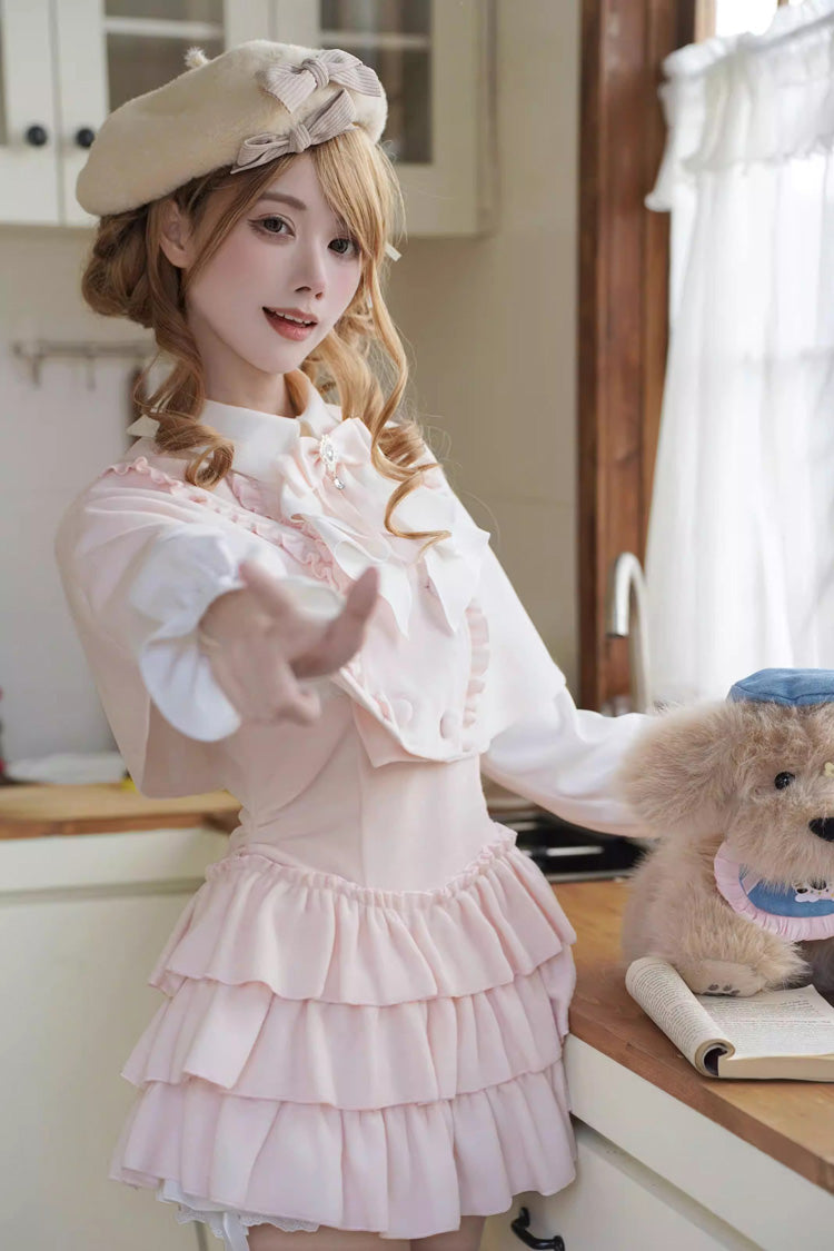 Pink [Cherry Blossom Snow] Lapel Collar Long Sleeves Triple-Layered Ruffled Bow Faux Two-Piece Sweet Lolita Dress - Product - 6