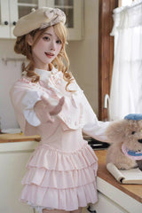 Pink [Cherry Blossom Snow] Lapel Collar Long Sleeves Triple-Layered Ruffled Bow Faux Two-Piece Sweet Lolita Dress - Product - 6