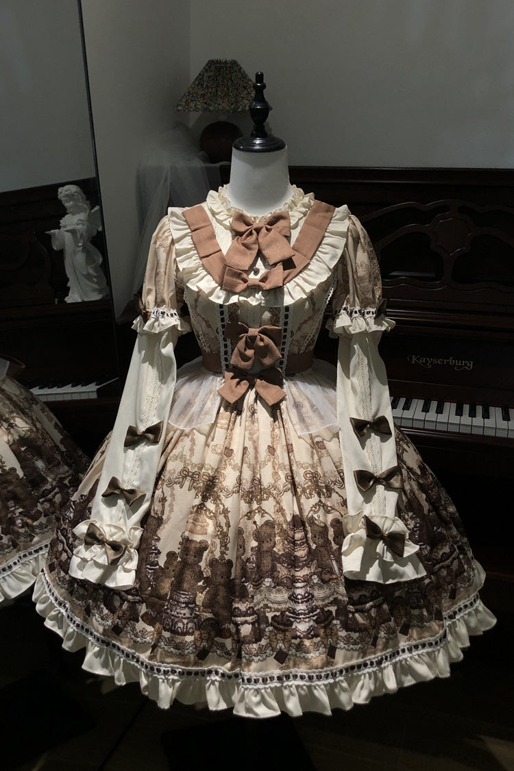Brown [Teddy Bear Party] Round Collar Short Sleeves Printed Ruffled Bow Daily Sweet Lolita Dress - Product - 9