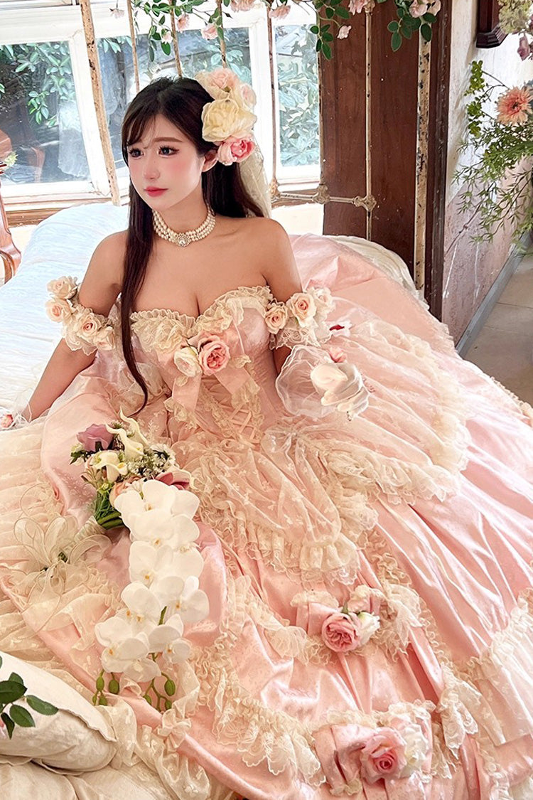 Pink [Love and Roses] Ruffle Hanayome Bowknot Lace Sweet Princess Lolita Jsk Dress - Product - 15