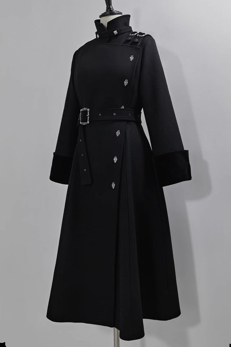 Black Stand Collar Long Sleeves Buckle Ouji Gothic Prince Handsome Lolita Coat - Product - 4