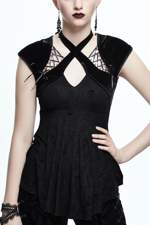 Black Sexy Halter Skull Pattern Velvet Womens Gothic T-Shirt - Black - 1
