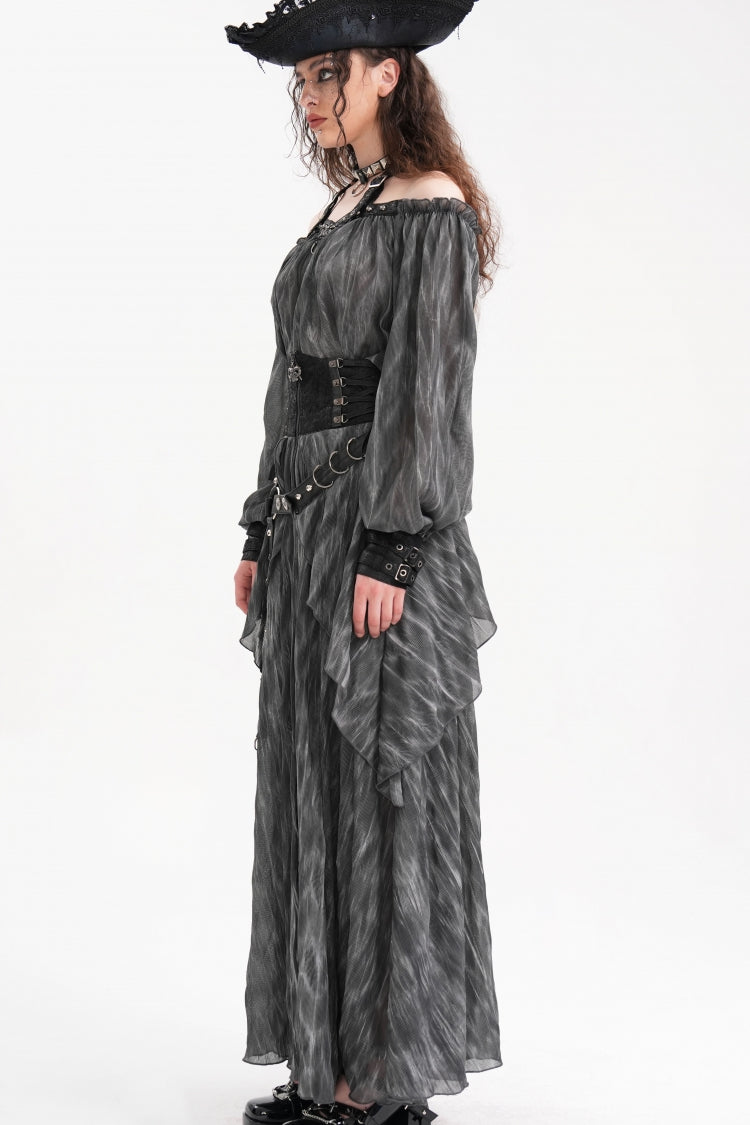 Grey Buckle-up Halterneck Long Sleeves Women's Gothic Blouse - Product - 10