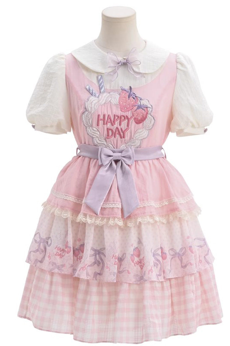 Yellow [Happy Day] Short Sleeves Triple-Layered Print Bowknot Lace Sweet Princess Lolita Dress - Pink - 2