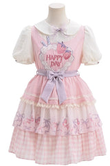 Yellow [Happy Day] Short Sleeves Triple-Layered Print Bowknot Lace Sweet Princess Lolita Dress - Pink - 2