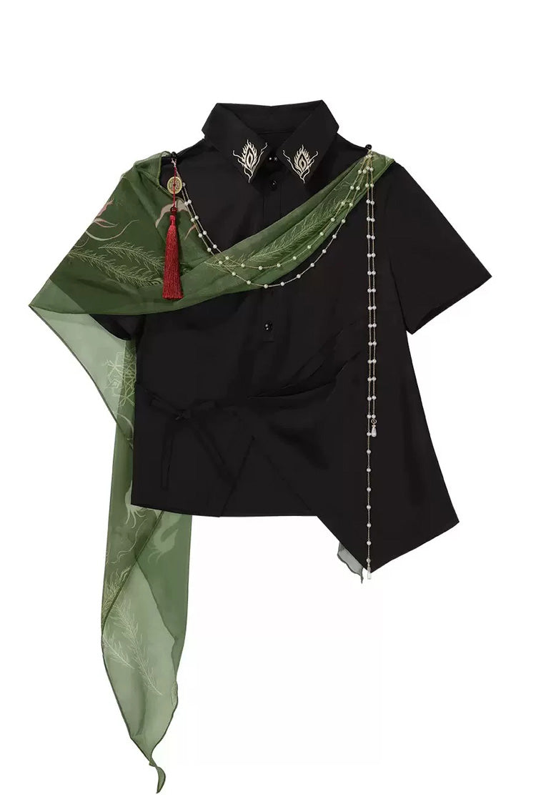 Black/Green Lapel Collar Short Sleeves Embroidered Sweet Chinese Inspired Wuxia Style Ouji Hanfu Pants Set - Top(Only) - 14