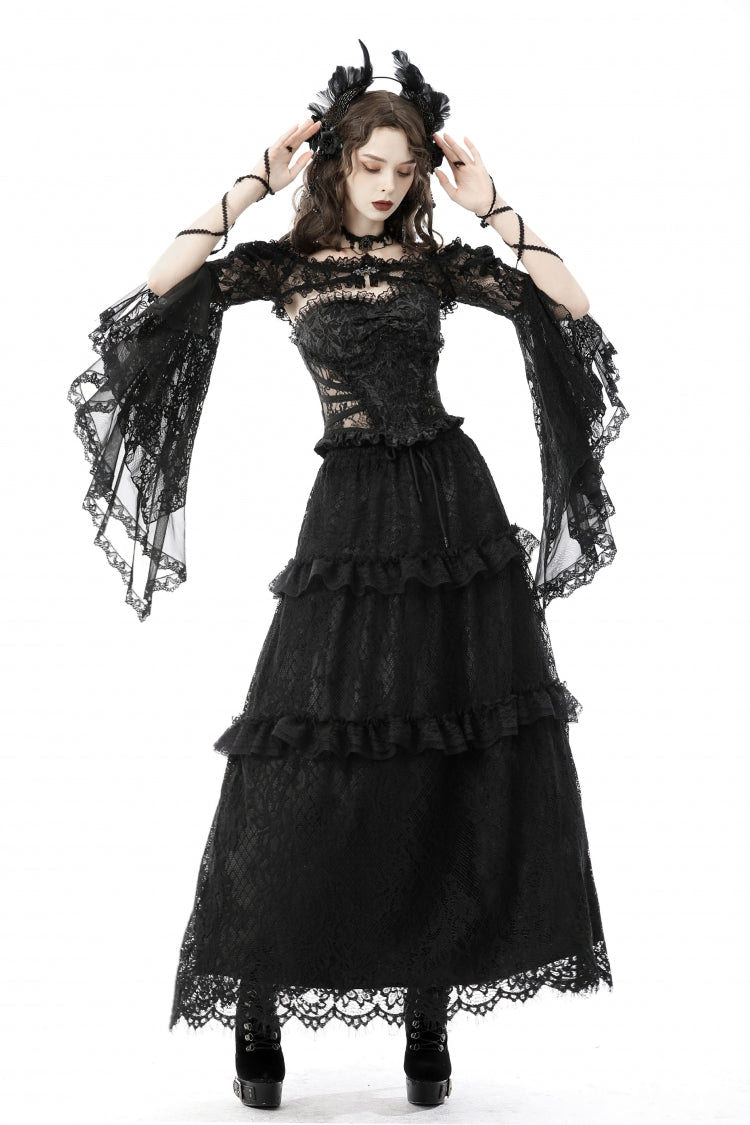 Black Off Shoulder Lace Long Trumpet Sleeves Floral Mesh Women's Gothic Cape - Product - 9