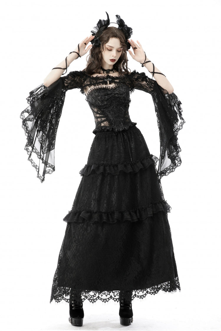 Black Off Shoulder Lace Long Trumpet Sleeves Floral Mesh Women's Gothic Cape - Product - 9