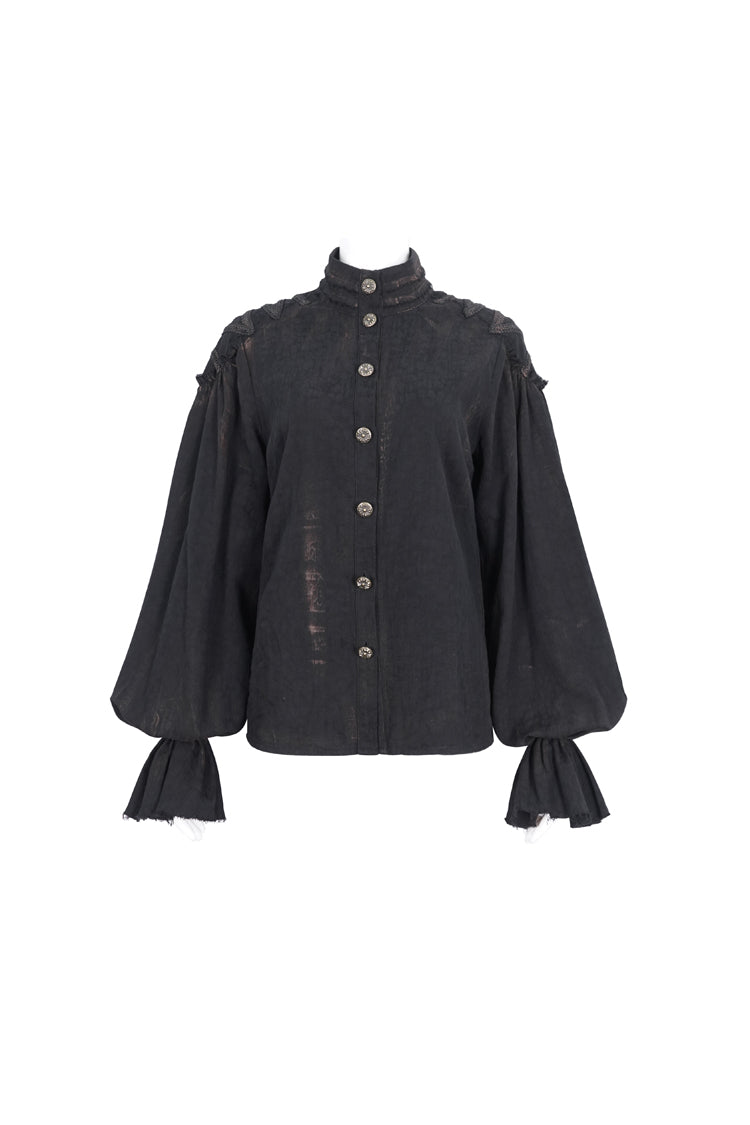 Black Stand Collar Lantern Sleeves Print Lace Women's Punk Blouse - Product - 6