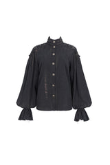 Black Stand Collar Lantern Sleeves Print Lace Women's Punk Blouse - Product - 6