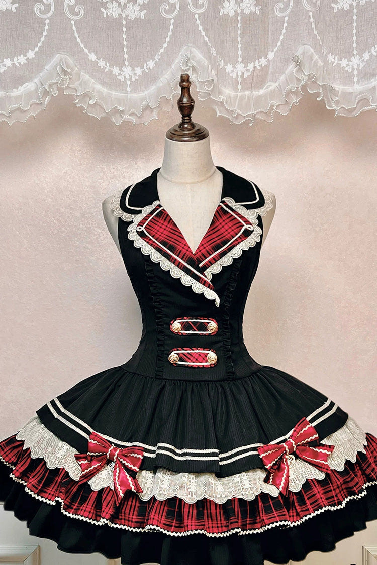 Black [Honor Guard Gala] V Collar Multi-Layered Printed Ruffled Bow Classic Gothic College Style Lolita Jsk Dress - Product - 3