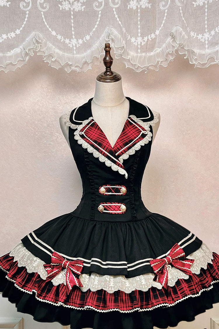 Black [Honor Guard Gala] V Collar Multi-Layered Printed Ruffled Bow Classic Gothic College Style Lolita Jsk Dress - Product - 3