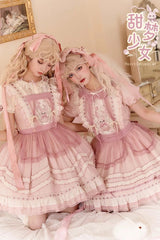 Pink Rabbit Print Sweet Dream Girl Short Sleeves Ruffle Bowknot Stitching Lace Lolita Dress - Product - 2