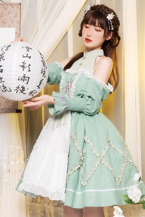 Green Off The Shoulder Long Sleeves Cardigan Hand Embroidered Sweet Lolita OP Dress - Product - 2