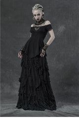 Black Short Sleeve Orizontal Neck Front Chest Lace Embroidery Frill Hem Women's Gothic T-Shirt - Product - 2