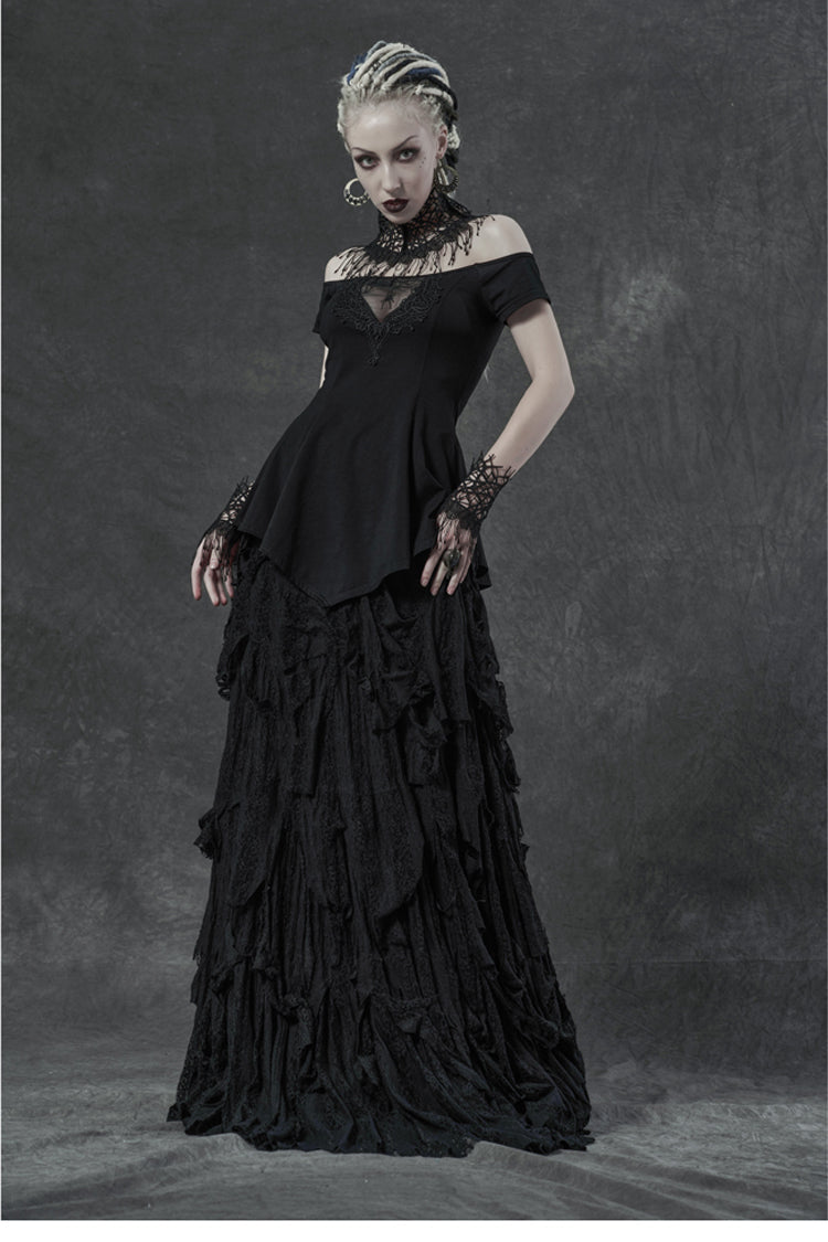 Black Short Sleeve Orizontal Neck Front Chest Lace Embroidery Frill Hem Women's Gothic T-Shirt - Product - 2