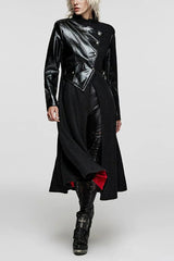 Black Stand Collar Print Faux Leather Stitching Womens Gothic Coat - Black - 1