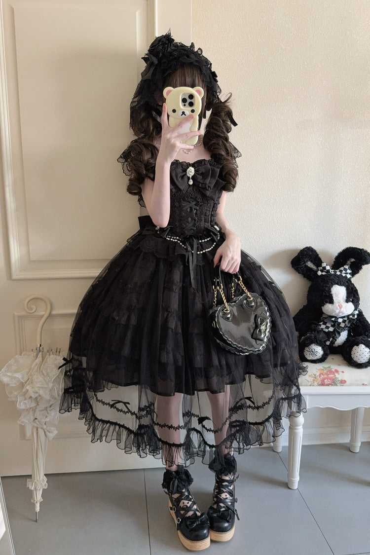 Black [Eternal Vow] Sleeveless Multi-Layered Ruffle Hanayome Bowknot Lace Lace-Up Gothic Lolita Jsk Dress - Product - 7