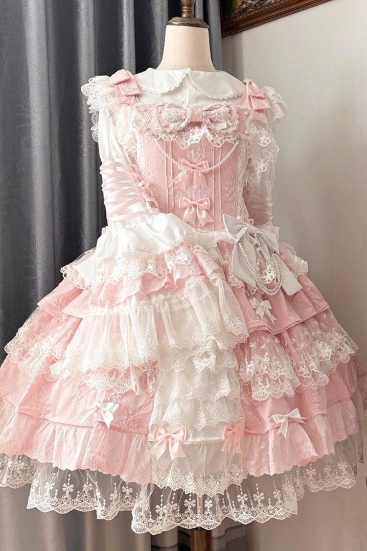 Pink [Ten Miles of Peach Blossoms] Sleeveless Multi-Layered Ruffle Embroidery Cardigan Bowknot Lace Pearl Sweet Gorgeous Lolita Jsk Dress - Product - 5