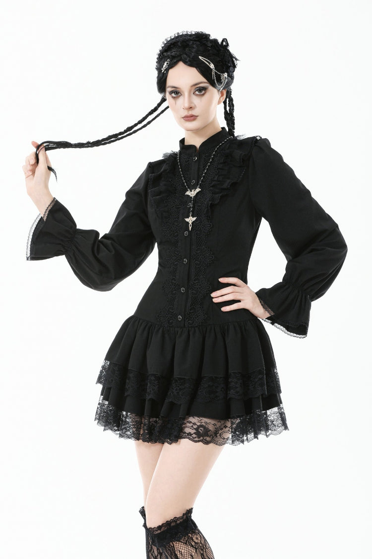 Black Long Bishop Sleeves Double-Layered Lace Hem Lace-Up Women's Gothic Dress - Black - 1