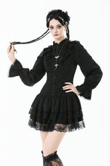 Black Long Bishop Sleeves Double-Layered Lace Hem Lace-Up Women's Gothic Dress - Black - 1