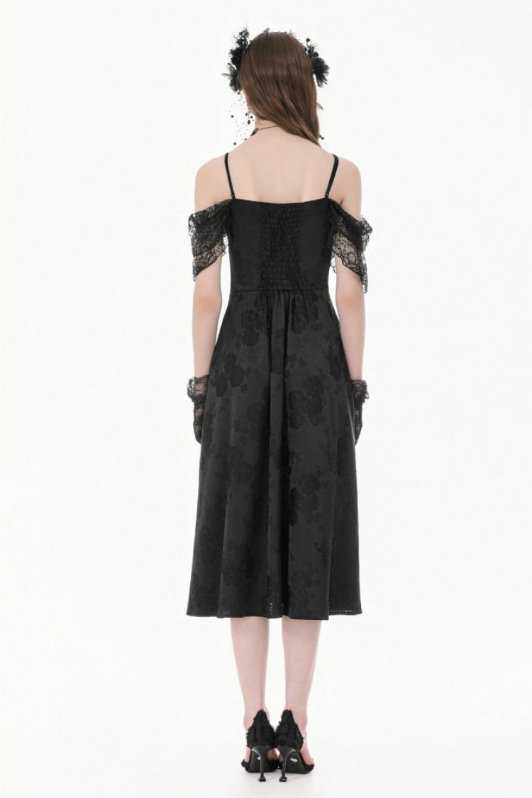 Black Off Shoulder Lace Flutter Sleeves Jacquard Side Corset Lace-Up Women's Gothic Slip Dress - Product - 11