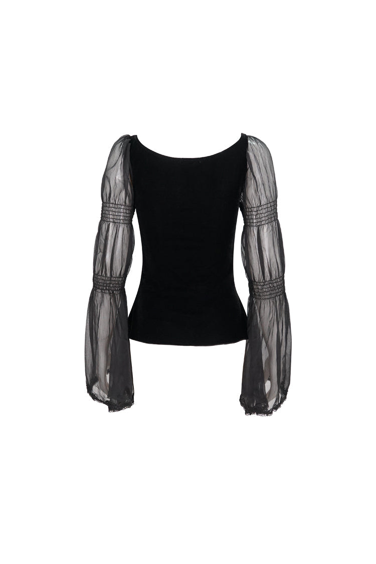 Black Velvet Paneled Chiffon Long Sleeves Chest Applique With Blood Red Diamonds Women's Gothic T-Shirt - Product - 10