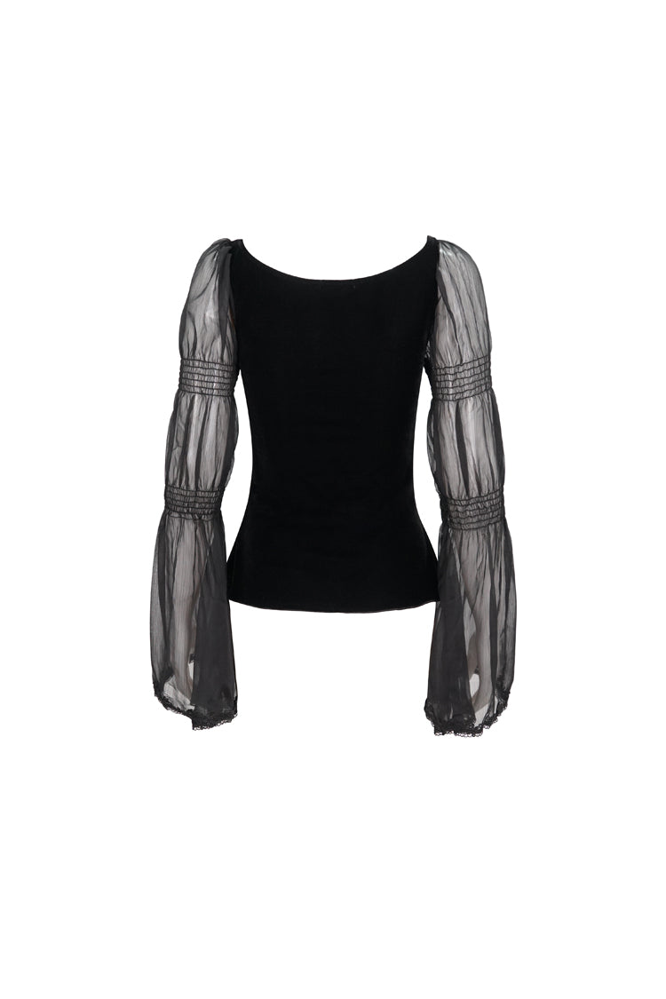 Black Velvet Paneled Chiffon Long Sleeves Chest Applique With Blood Red Diamonds Women's Gothic T-Shirt - Product - 10
