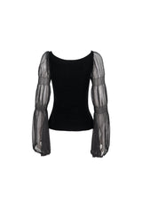 Black Velvet Paneled Chiffon Long Sleeves Chest Applique With Blood Red Diamonds Women's Gothic T-Shirt - Product - 10