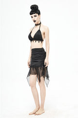 Black Translucent Chiffon Lace Hem Side Lace Up Cover Hip Gothic Swimsuit Fishtail Skirt - Product - 7