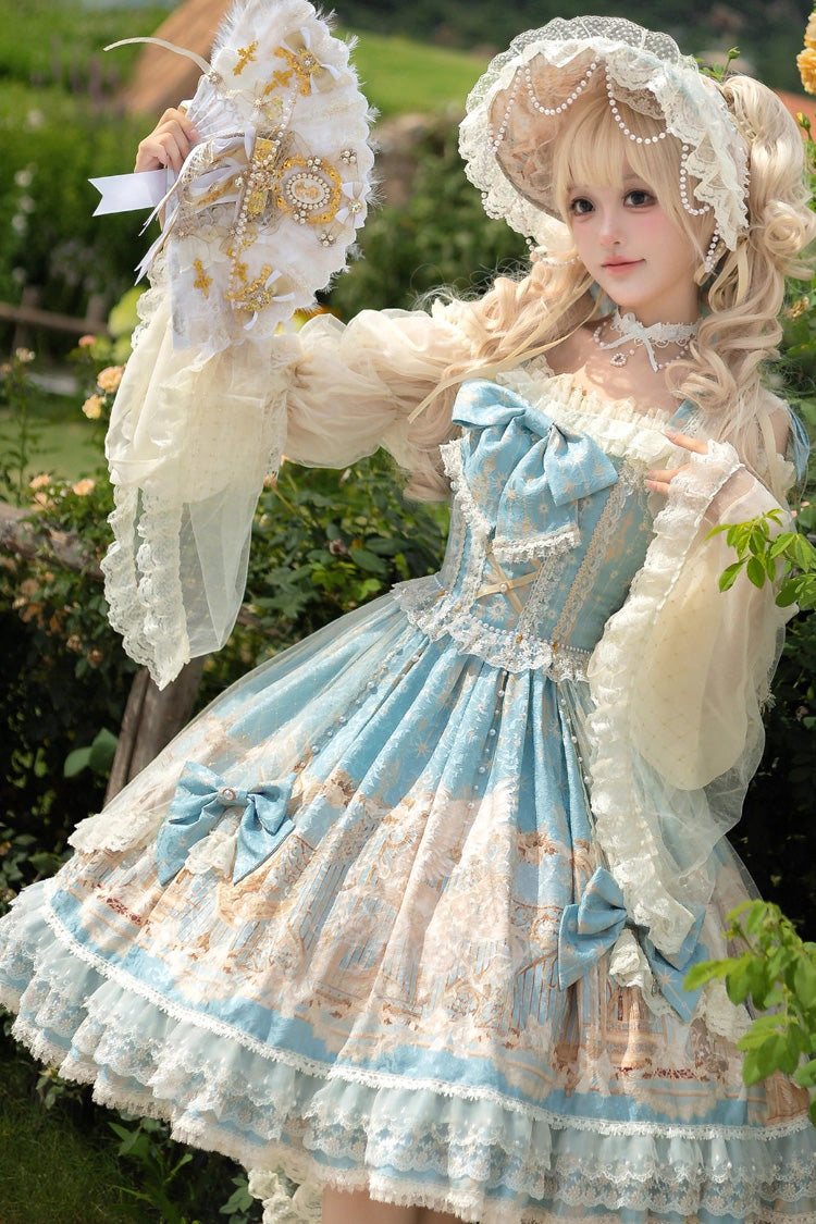 Blue [Unicorn] Print Sleeveless Multi-Layered Embroidery Bowknot Lace Sweet Lolita Jsk Dress - Product - 2