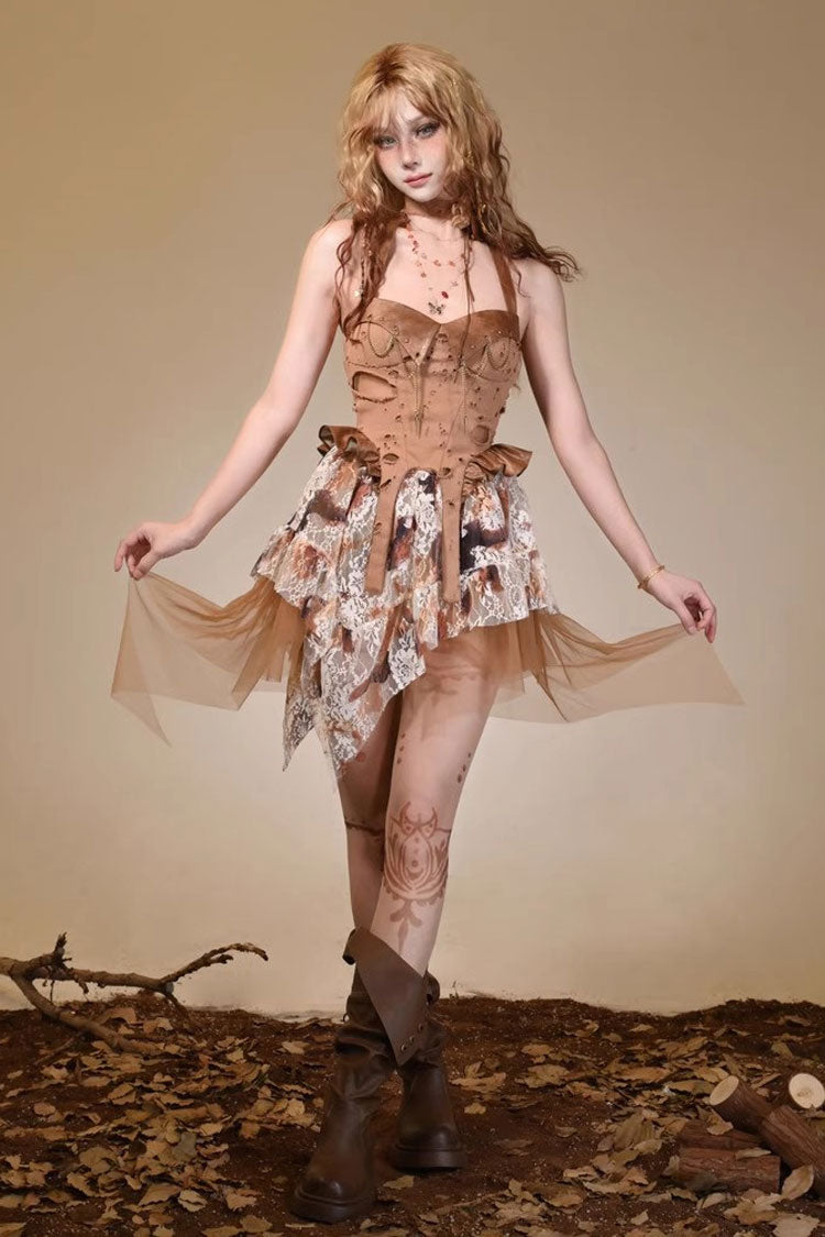Brown Halterneck Sleeveless Lace Irregular Ripped Punk Vintage Jsk Dress - Product - 2