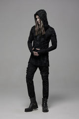 Black Long Sleeves Lace-Up Hooded Ripped Pleated Men's Gothic Cool T-Shirt - Product - 6