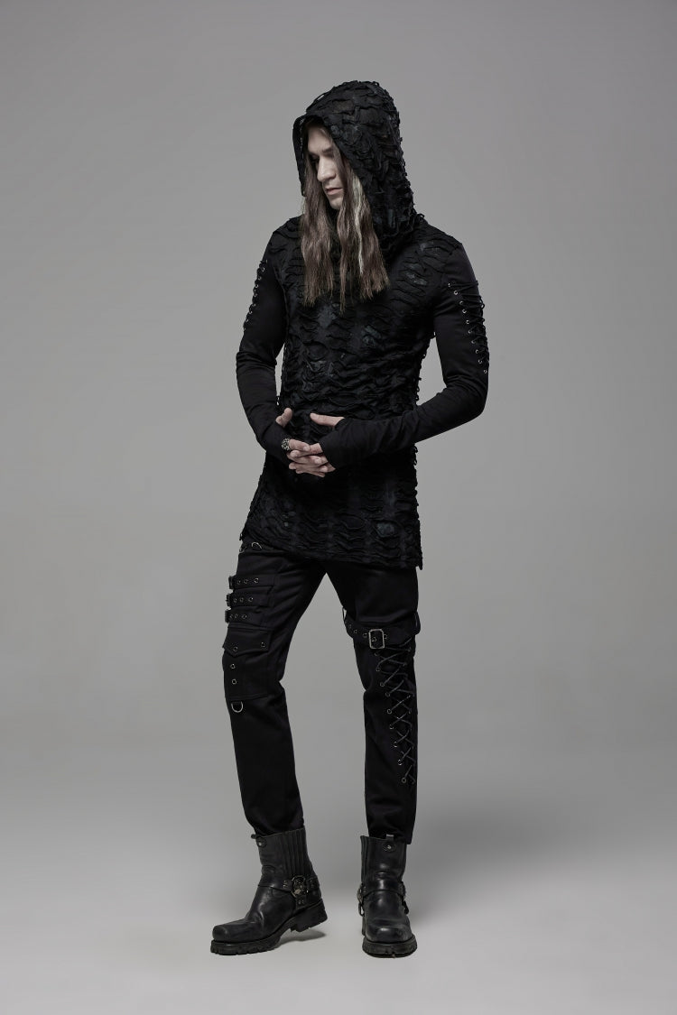 Black Long Sleeves Lace-Up Hooded Ripped Pleated Men's Gothic Cool T-Shirt - Product - 6