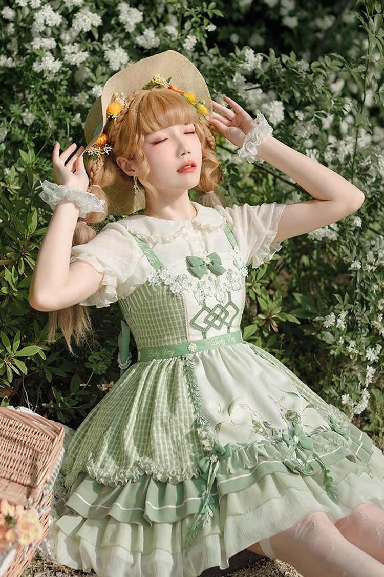 Green Multi-layer Print Ruffle Bowknot Country Style Sweet Lolita Jsk Dress (With Apron) - Product - 4