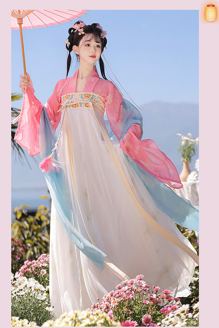 Pink/Apricot [Spring Fills the Garden] High Waisted Printed Embroidered Women's Sweet Chinese Style Hanfu Dress Set - Product - 3