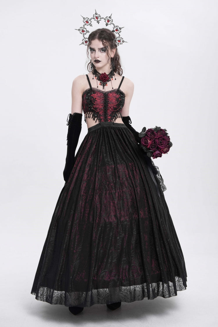 Red Jacquard Floral Embroidery Lace Ripped Women's Gothic Party Slip Dress - Product - 8