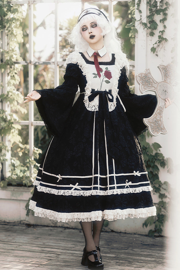 Black [Rose Choir] Double-Layered Ruffle Embroidery Bowknot Lace Gothic Elegant Nun Lolita Dress - Product - 3