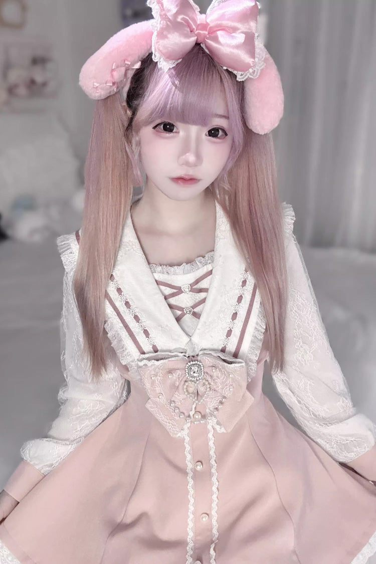 Sweet Long Sleeves Print Bowknot Jirai Kei Japanese Dress Set 3 Colors - Product - 7