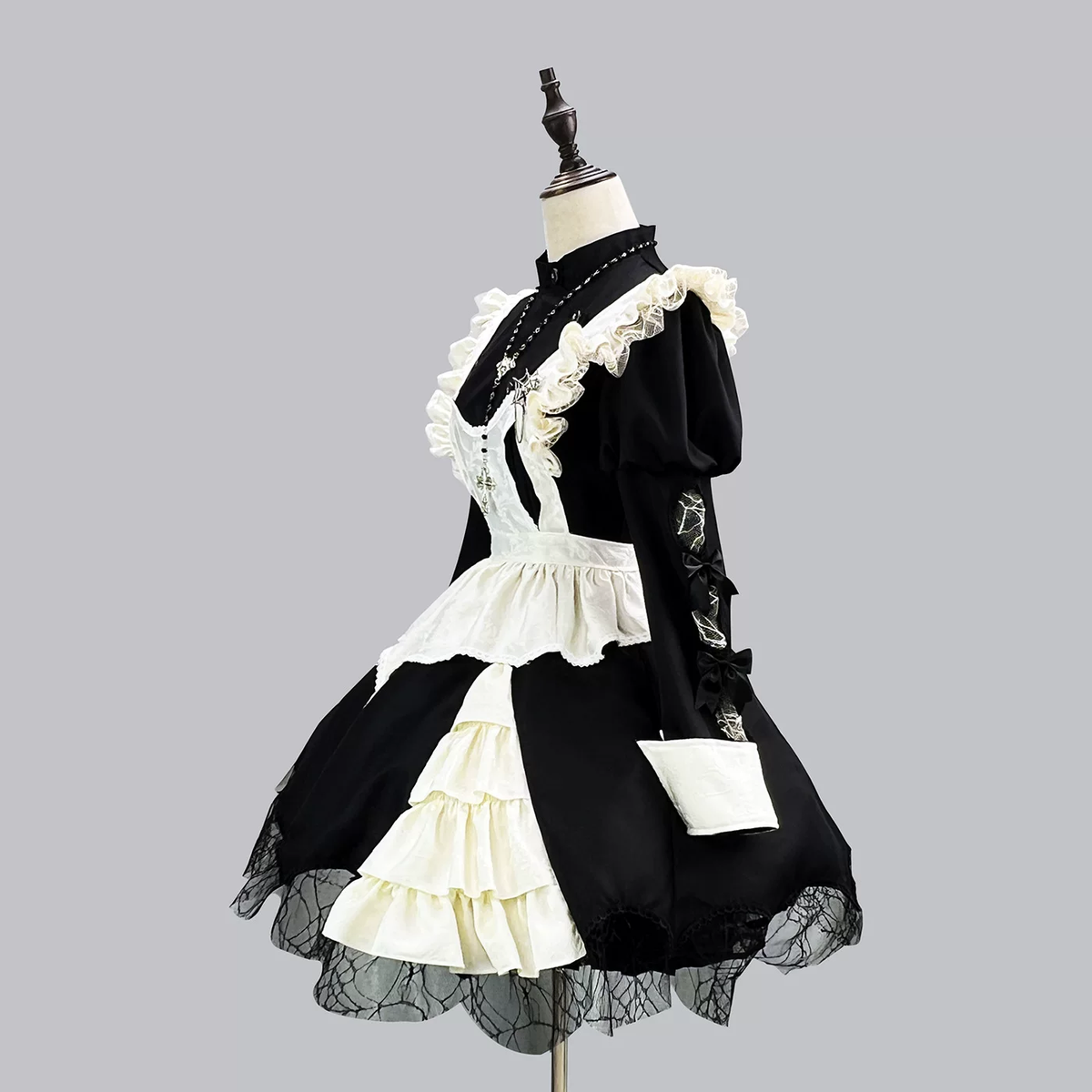 Black and Off-White Gothic Maid Style Dress Set with Apron and Accessories - view 2