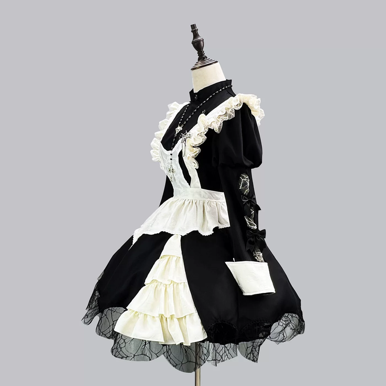 Black and Off-White Gothic Maid Style Dress Set with Apron and Accessories - view 2