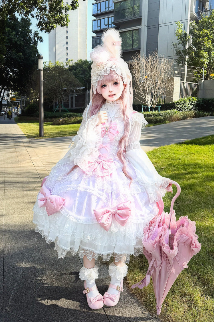 Pink/Purple [Flower Dream Isle] Square Collar Multi-Layered Ruffled Bow Lace Sweet Lolita Jsk Dress - Product - 4